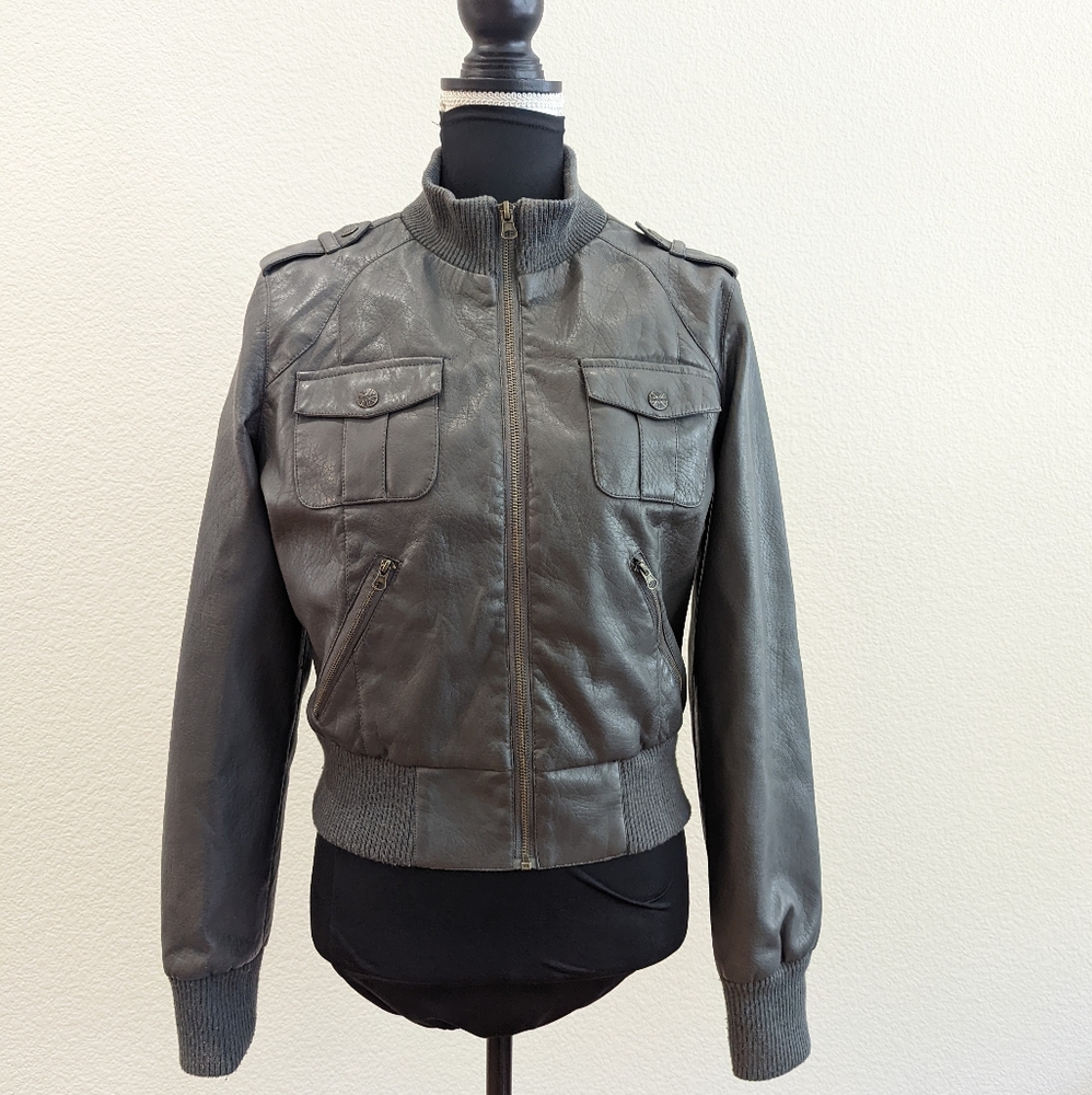 Miss London Faux Leather Gray Jacket - Large